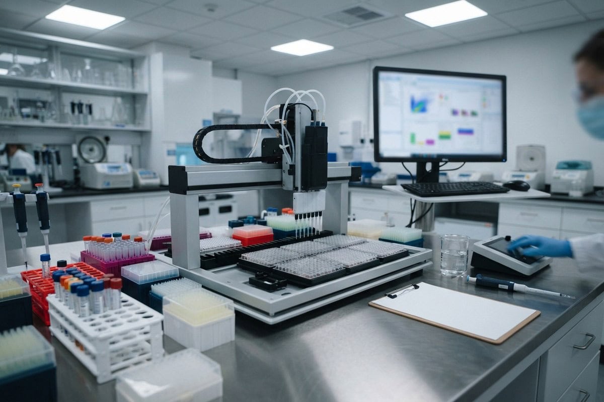 Bras robotisé de pipetage au-dessus de microplaques sur une paillasse inox, portoirs de tubes et écran de contrôle