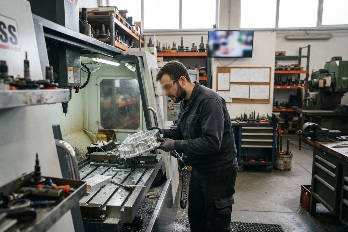 Un usineur en vêtements de travail inspecte une pièce d'aluminium devant une fraiseuse à commande numérique