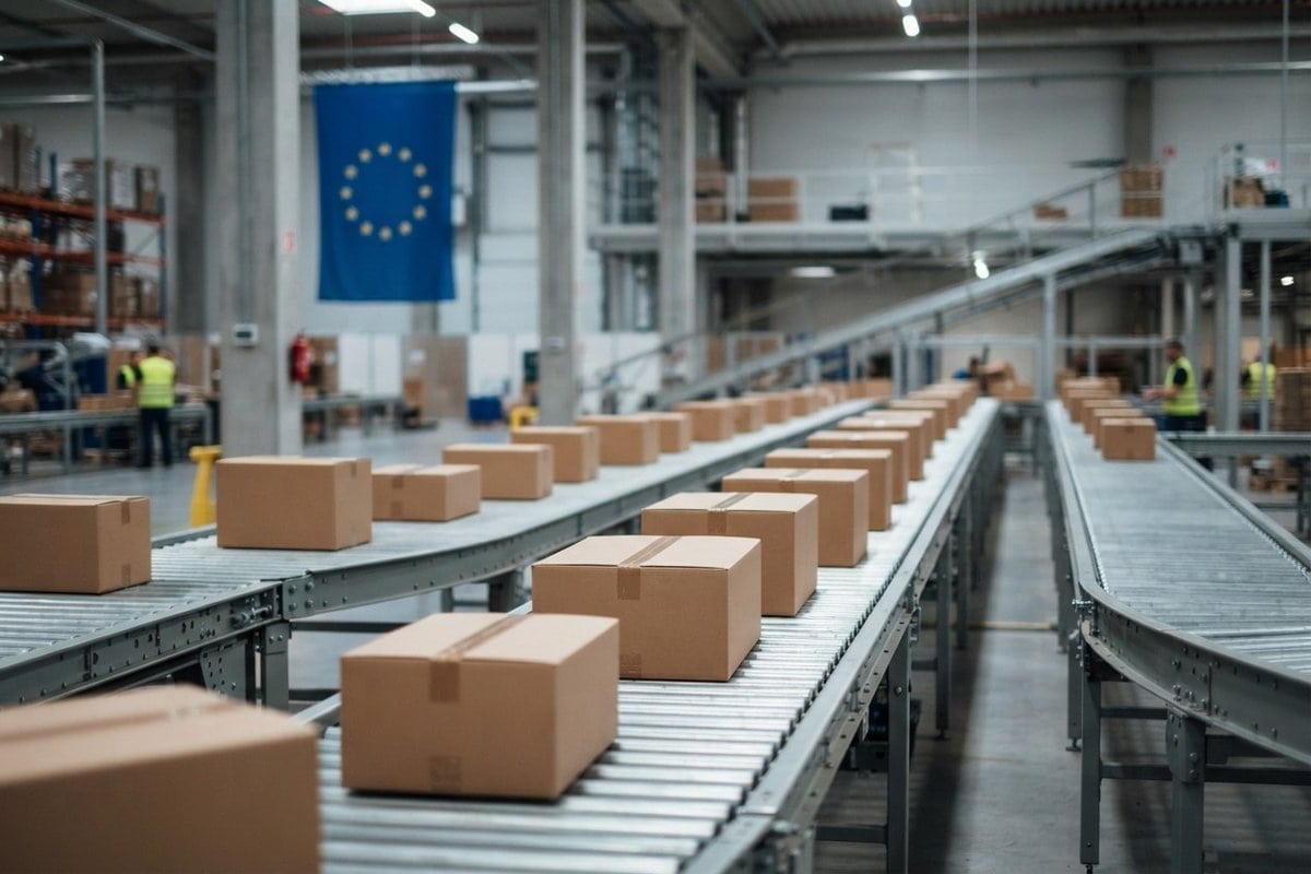 Colis en carton sur des convoyeurs dans un entrepôt logistique, drapeau de l'Union européenne en arrière-plan