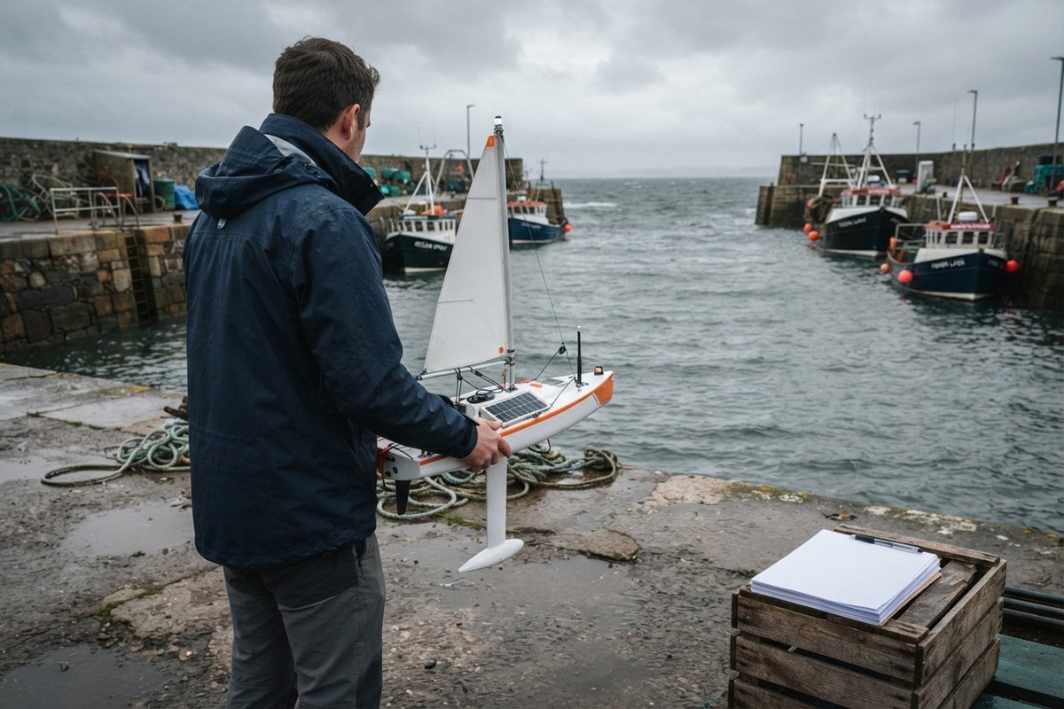 Une personne de dos tient un petit voilier robotisé blanc et orange sur un quai de port, sous un ciel gris.