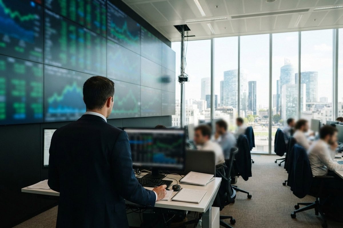 Analyste de dos observant un mur d'écrans boursiers dans une salle de marché, gratte-ciel d'affaires en arrière-plan