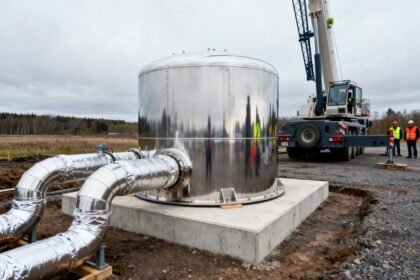 Module cylindrique en acier inoxydable sur une dalle béton, relié à des tuyaux calorifugés, grue et ouvriers en arrière-plan