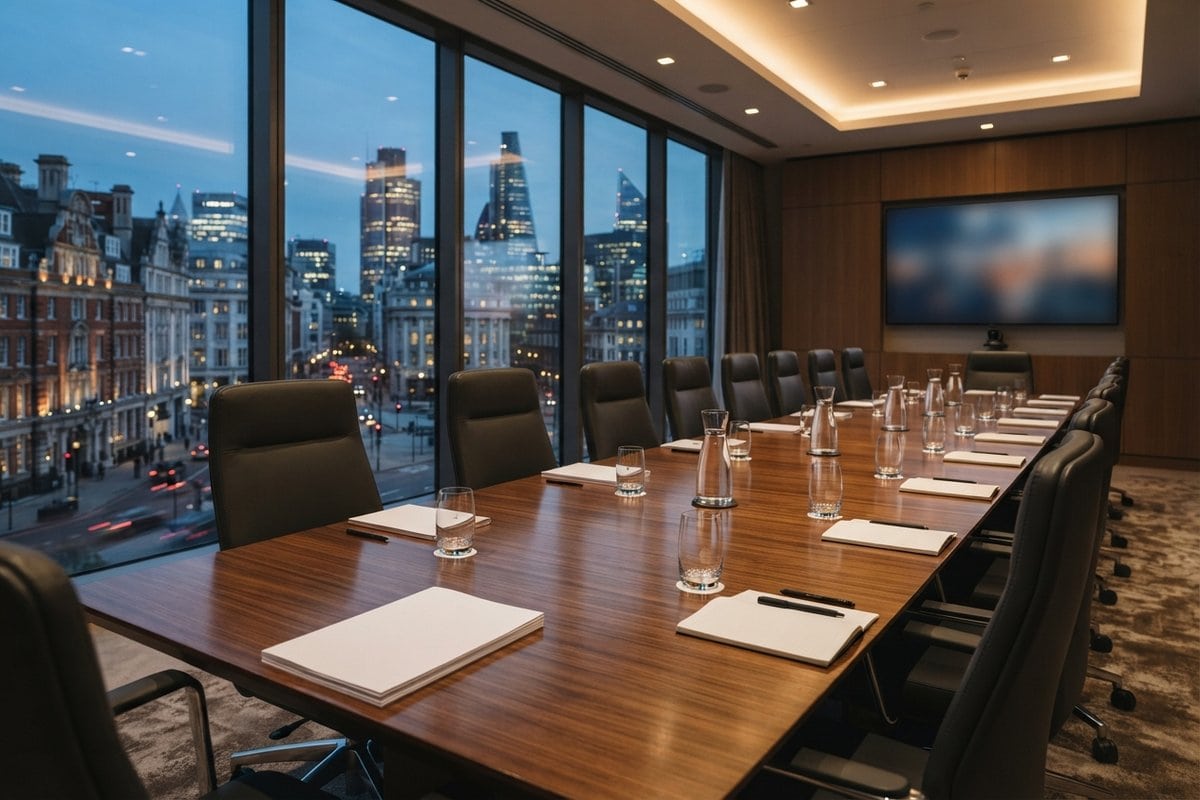 Salle de conseil vide au crépuscule, longue table en bois et blocs-notes vierges, vue sur un quartier d'affaires