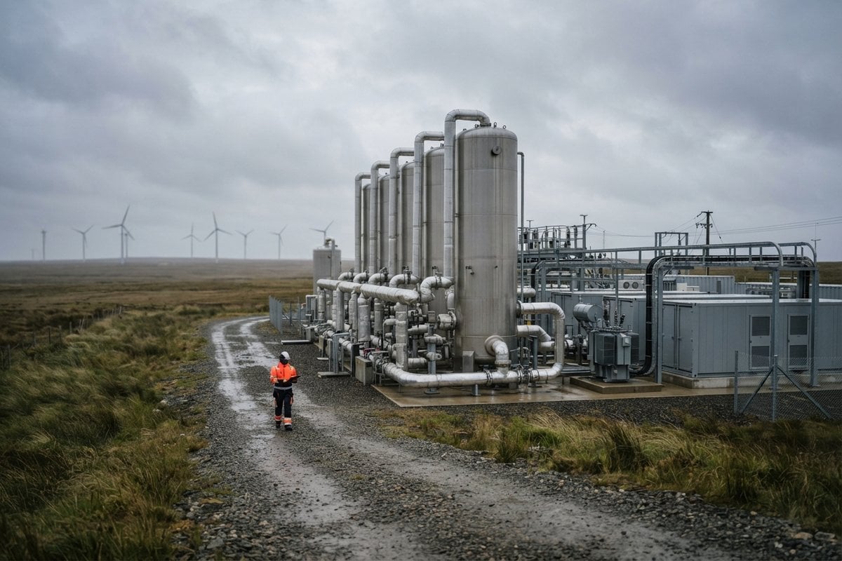 Cuves métalliques et conteneurs d'un site de stockage d'électricité, un technicien en gilet orange, éoliennes au loin