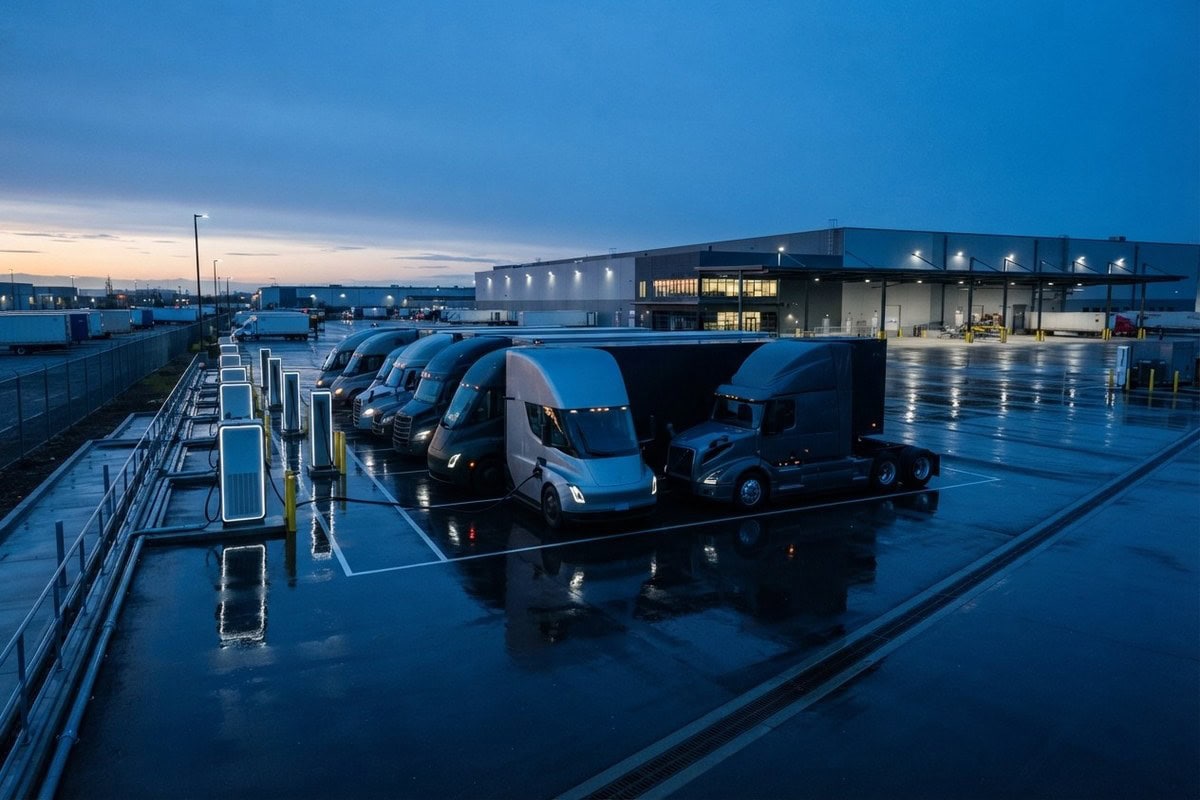 Rangée de camions électriques branchés à des bornes de recharge sur le parking d'un dépôt logistique au crépuscule