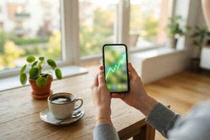 Mains tenant un smartphone affichant une courbe verte ascendante, une tasse de café sur une table en bois près d'une fenêtre