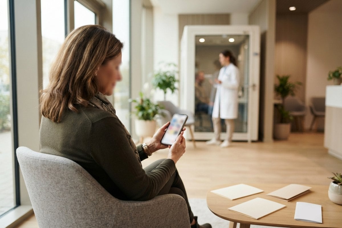 Femme assise dans la salle d'attente lumineuse d'un centre auditif, smartphone en main, audioprothésiste en arrière-plan