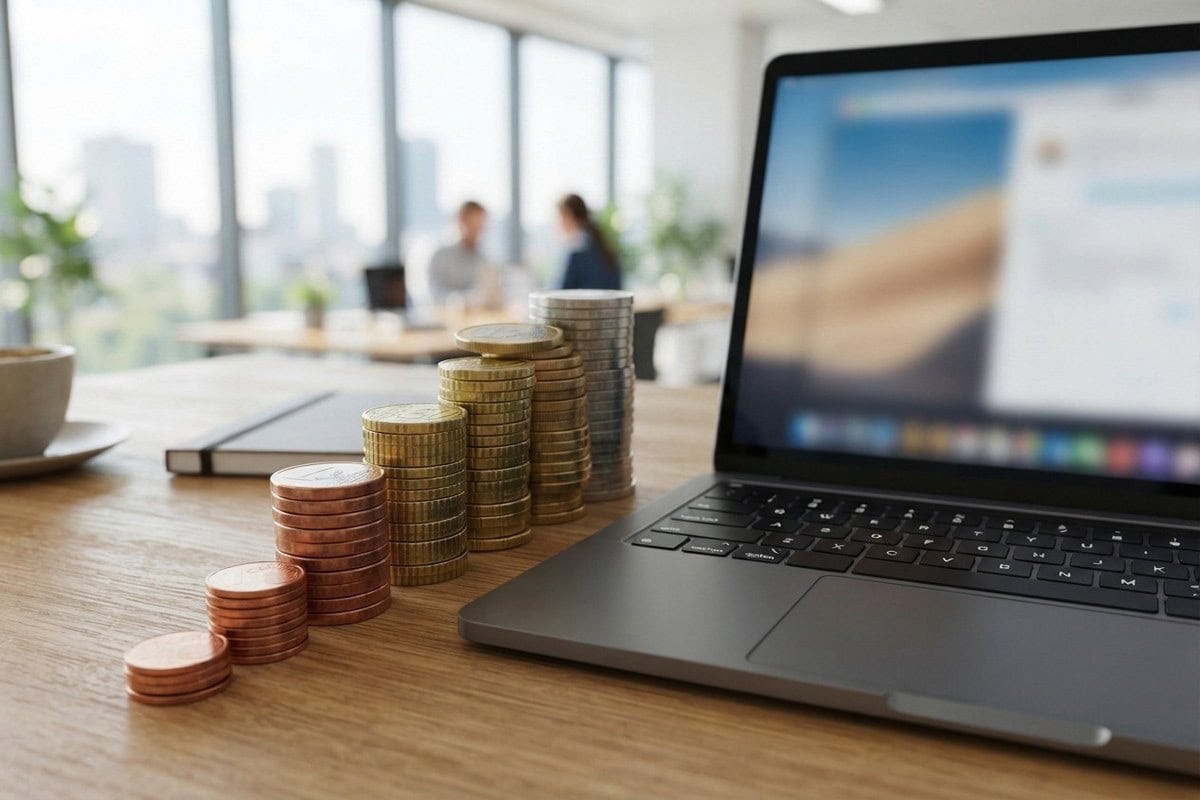 Piles de pièces de monnaie en progression à côté d'un ordinateur portable dans un bureau lumineux