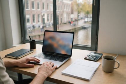 Mains sur le clavier d'un ordinateur portable, calculatrice et pile de factures sur un bureau face à un canal