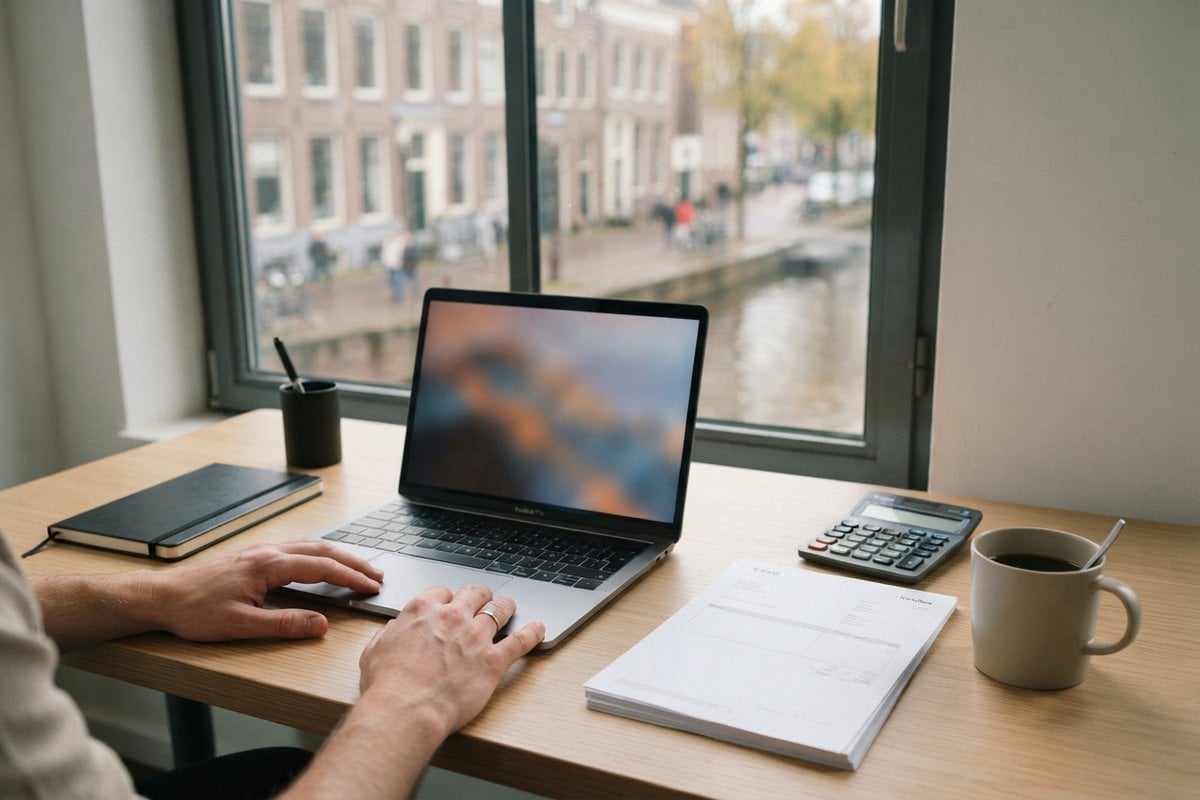 Mains sur le clavier d'un ordinateur portable, calculatrice et pile de factures sur un bureau face à un canal