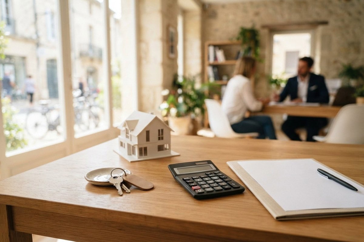 Clés, maison miniature et calculatrice sur le bureau d'une agence immobilière, avec un rendez-vous flou en arrière-plan.