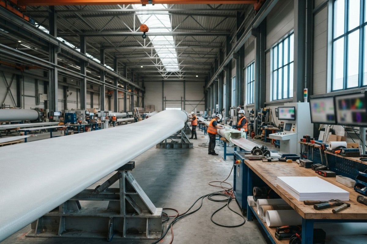 Longue pale d'éolienne blanche posée sur des supports acier dans une halle industrielle