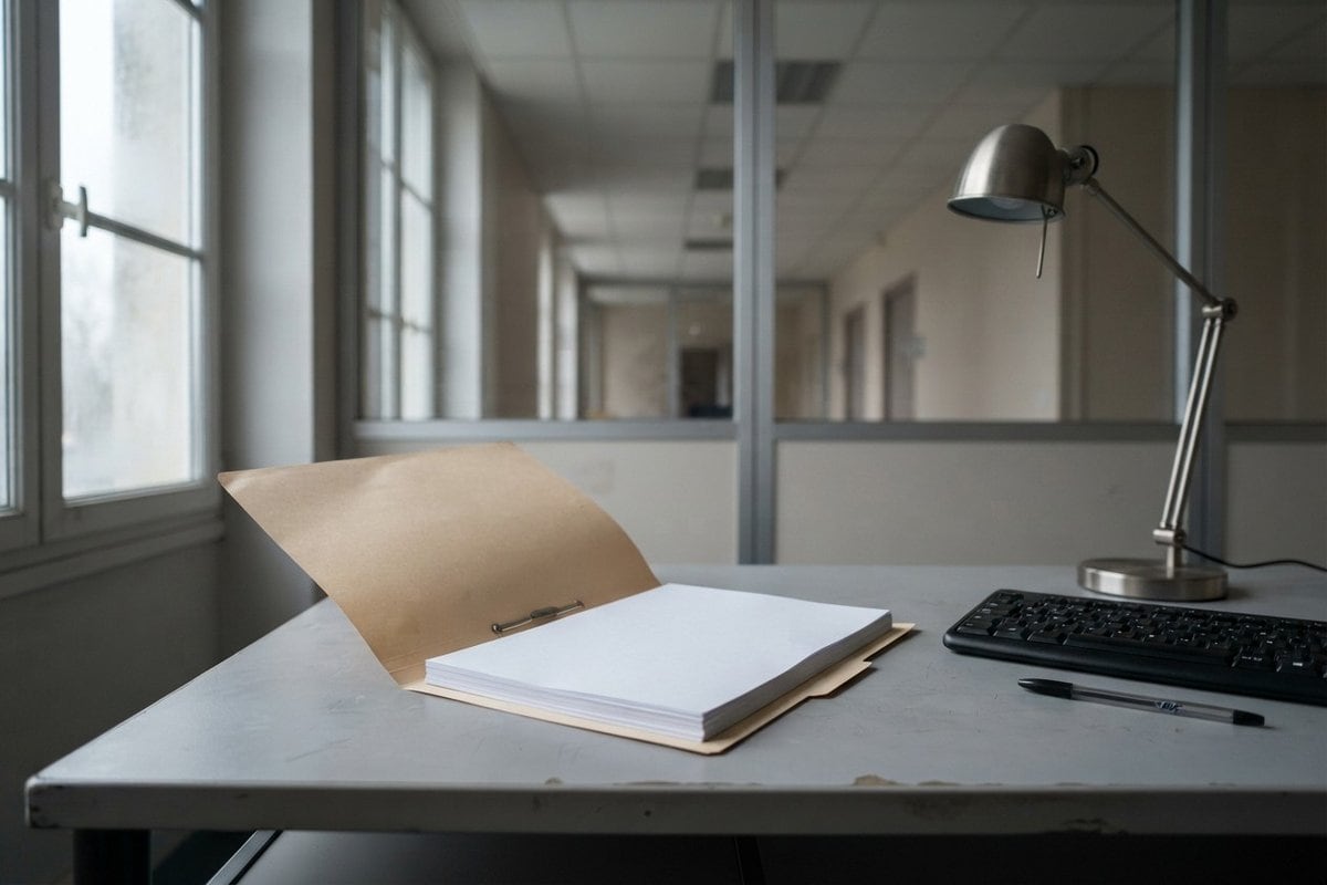 Dossier administratif ouvert sur une liasse de feuilles vierges, posé sur un bureau gris près d'un clavier et d'une lampe