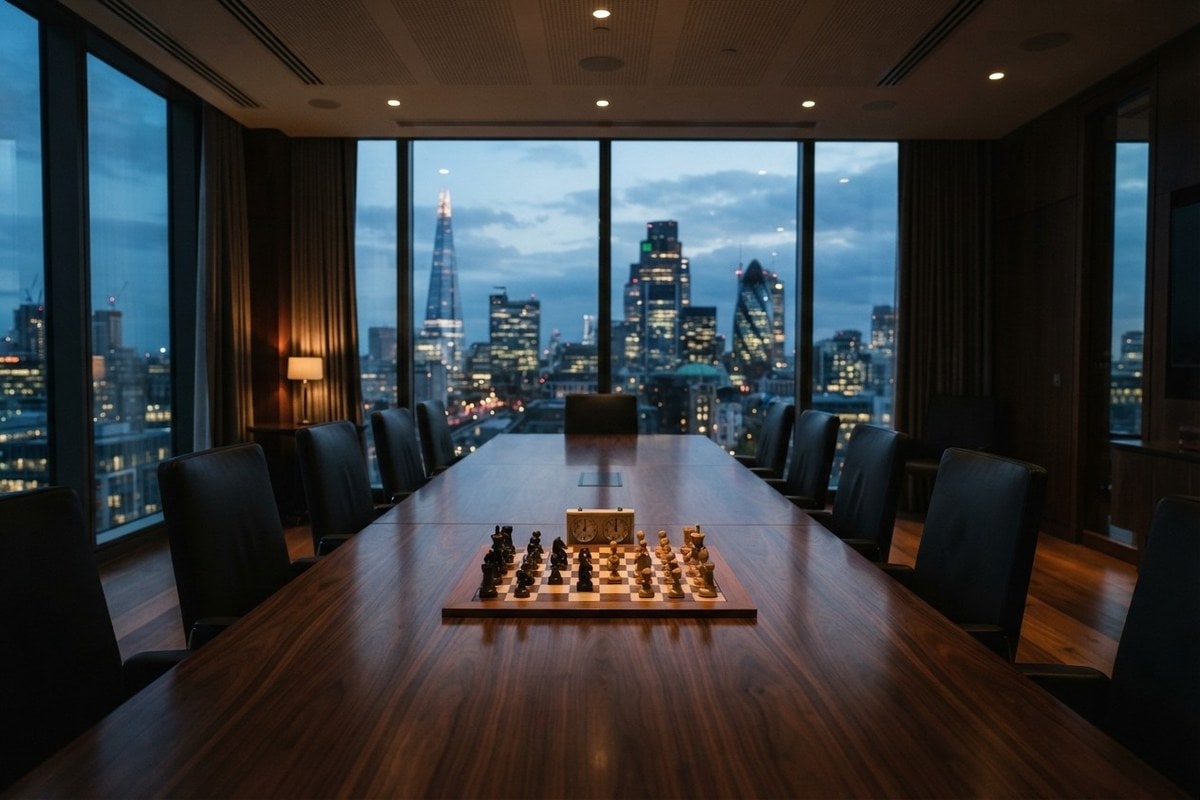 Échiquier en cours de partie sur la table d'une salle de conseil surplombant une skyline financière au crépuscule.