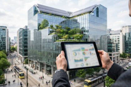 Mains tenant une tablette de tableaux de bord colorés devant un immeuble de bureaux végétalisé à panneaux solaires