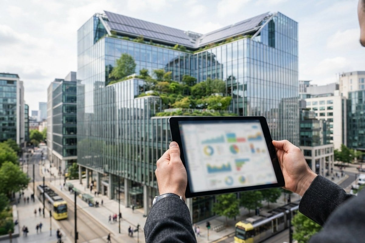 Mains tenant une tablette de tableaux de bord colorés devant un immeuble de bureaux végétalisé à panneaux solaires