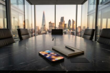 Smartphone posé sur une table de salle de conseil face à une baie vitrée donnant sur les tours de la City de Londres