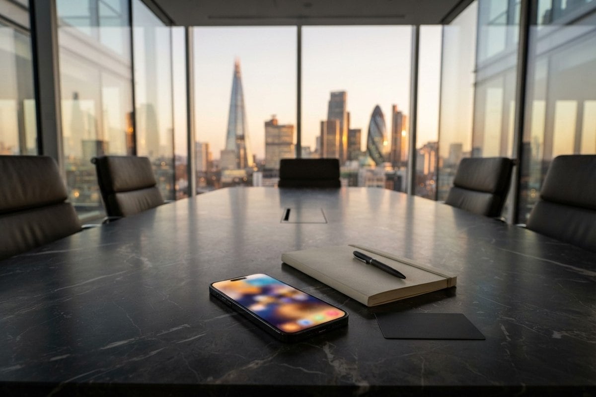 Smartphone posé sur une table de salle de conseil face à une baie vitrée donnant sur les tours de la City de Londres
