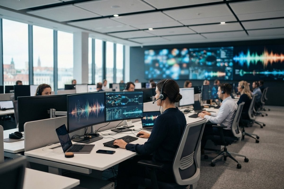 Salariés casque sur les oreilles dans un centre de contact moderne, écrans muraux affichant des ondes vocales colorées