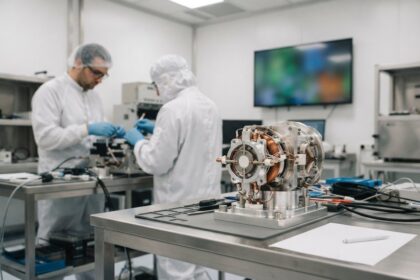 Module de propulsion posé sur un établi de salle blanche, deux techniciens en combinaison blanche travaillent derrière.