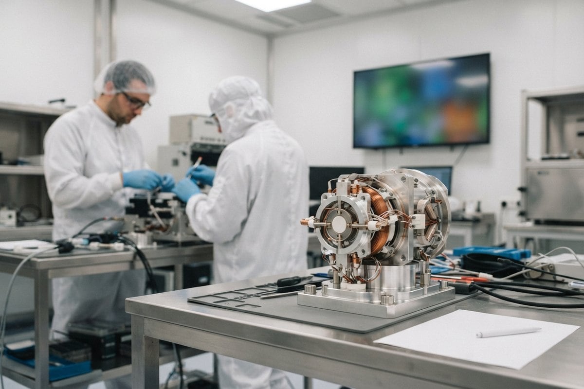 Module de propulsion posé sur un établi de salle blanche, deux techniciens en combinaison blanche travaillent derrière.