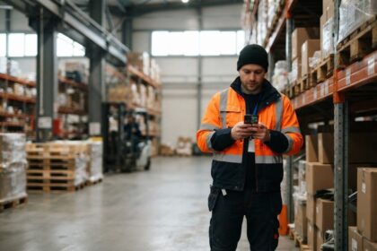 Un magasinier en veste orange haute visibilité consulte son smartphone dans une allée d'entrepôt