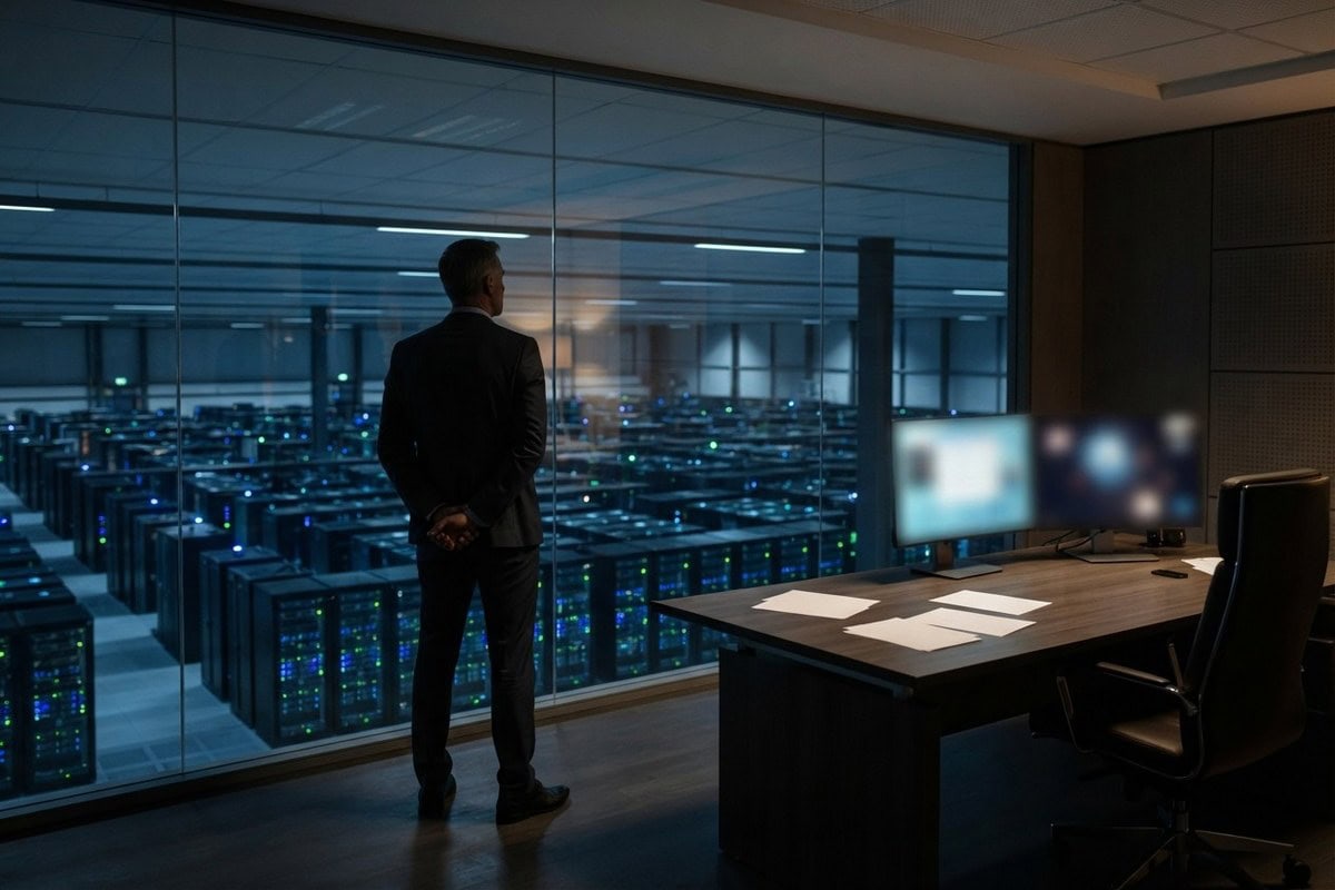 Dirigeant en costume vu de dos, observant une salle de serveurs depuis un bureau vitré