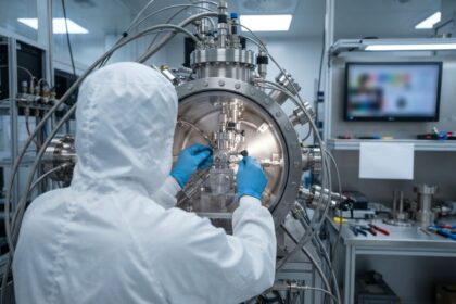 Technicien en combinaison blanche et gants bleus intervenant sur un instrument dans une chambre à vide
