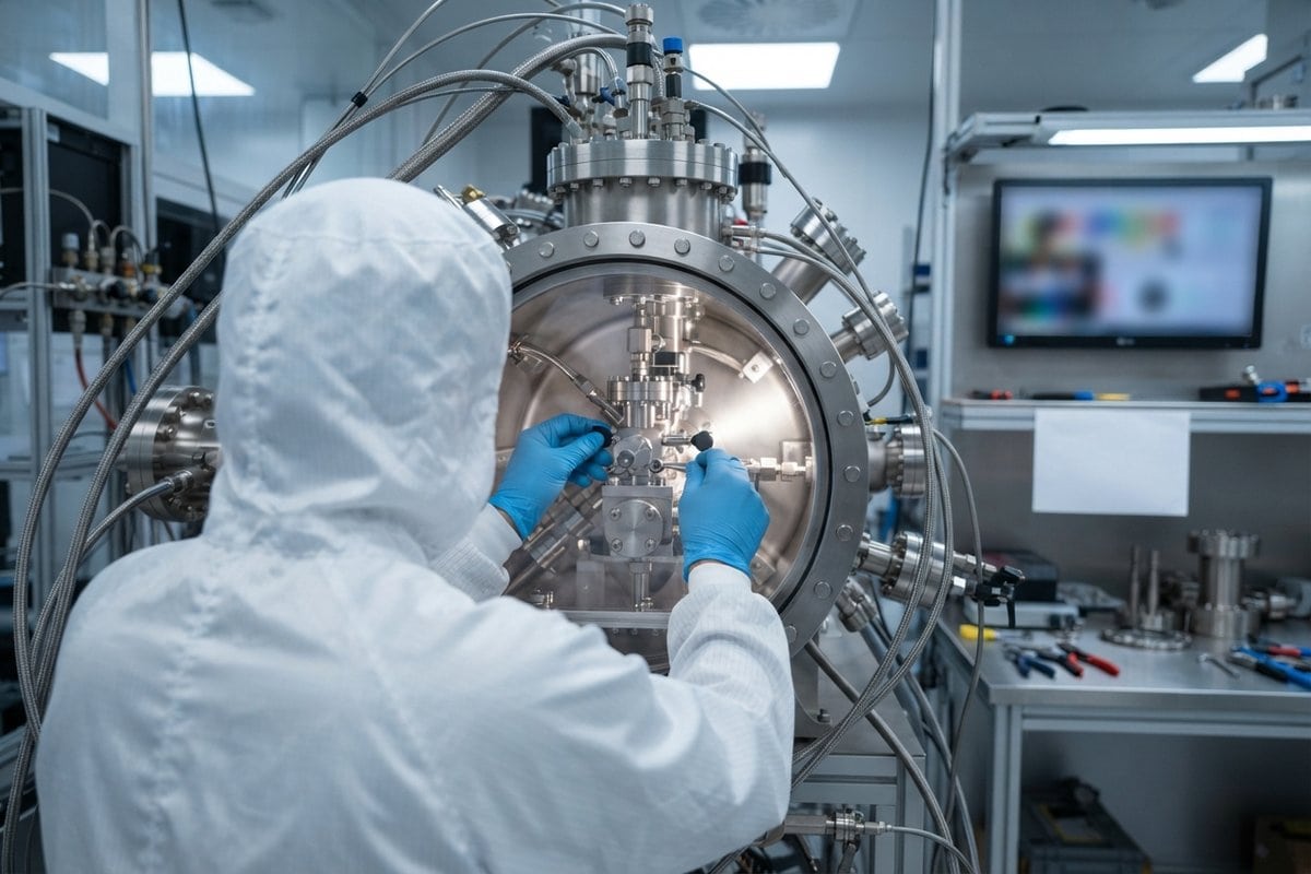 Technicien en combinaison blanche et gants bleus intervenant sur un instrument dans une chambre à vide