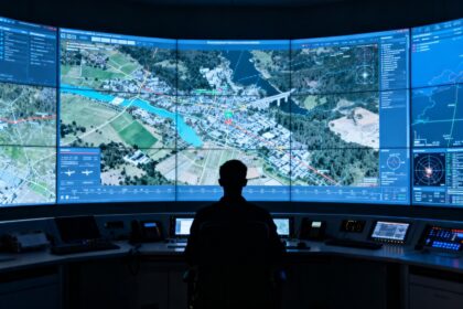 Salle d'opérations de défense avec de grands écrans affichant cartes tactiques et données radar, un analyste de dos.