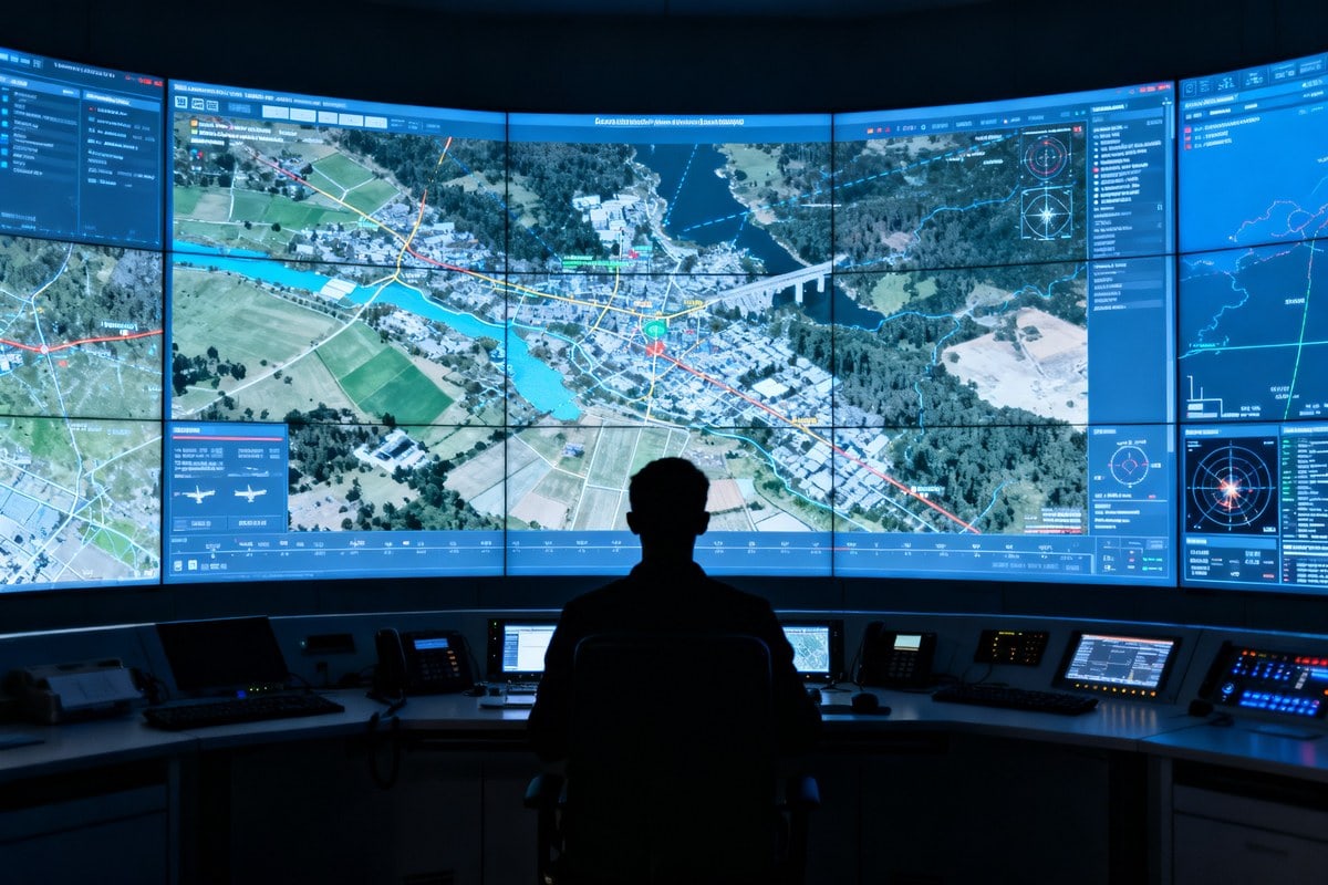 Salle d'opérations de défense avec de grands écrans affichant cartes tactiques et données radar, un analyste de dos.