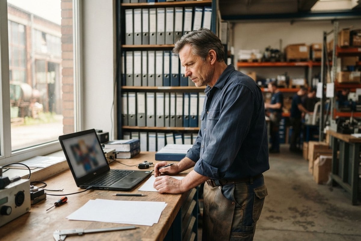 Technicien penché sur un ordinateur portable dans un atelier, devant des étagères de classeurs d'archives