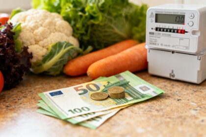 Billets et pièces en euros posés sur un plan de travail près de légumes frais et d'un compteur électrique.
