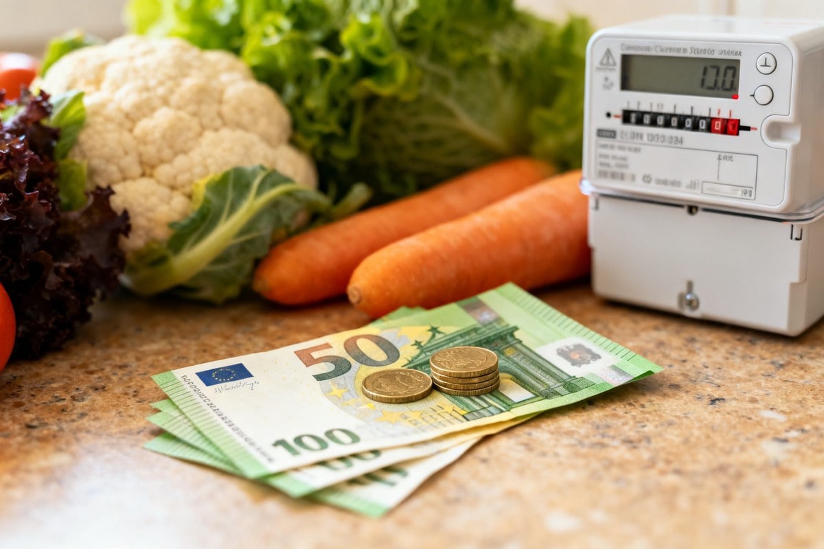 Billets et pièces en euros posés sur un plan de travail près de légumes frais et d'un compteur électrique.