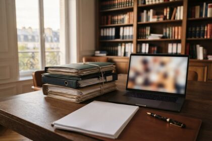 Dossiers juridiques empilés et ordinateur portable posés sur un bureau en bois, devant une bibliothèque de codes