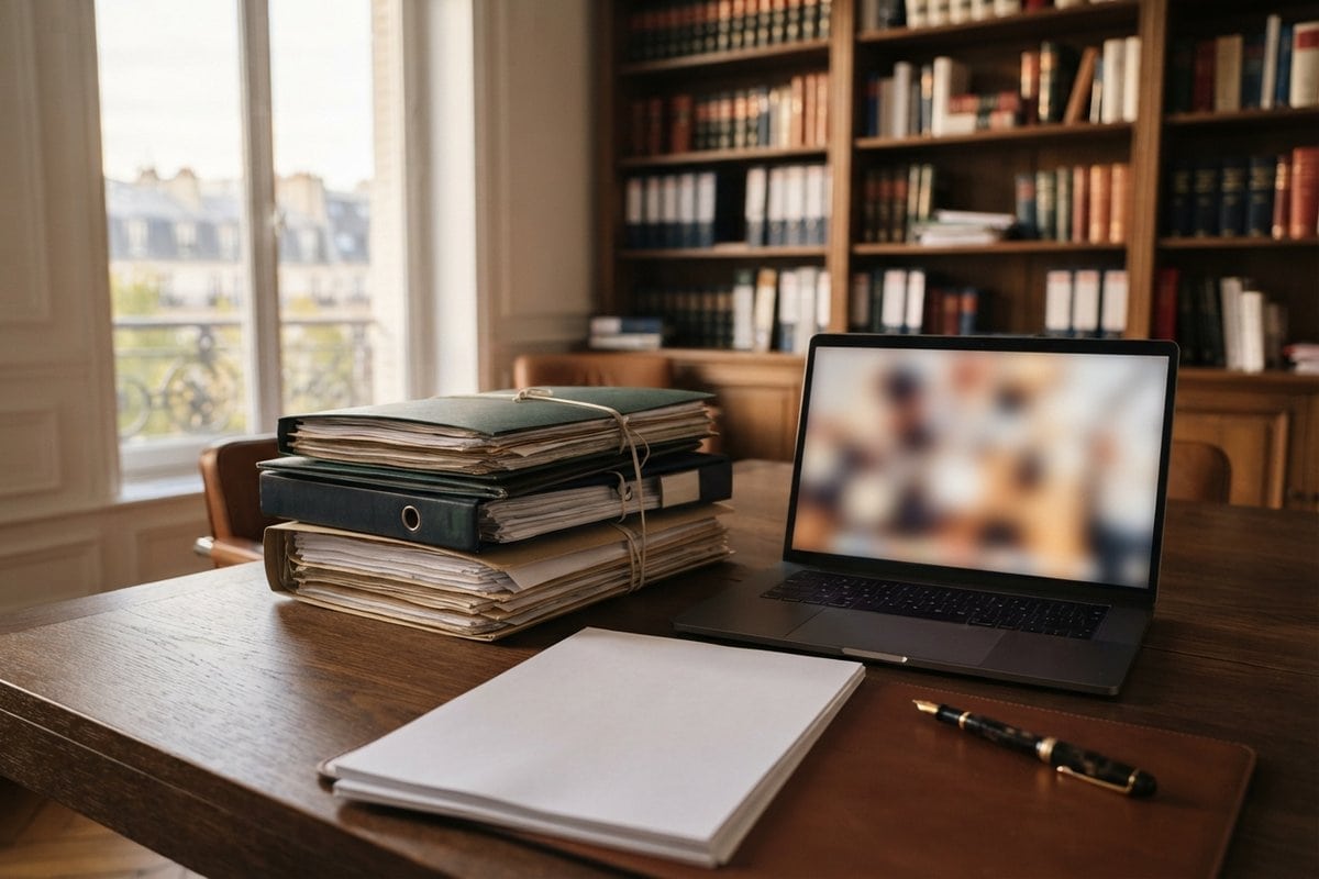 Dossiers juridiques empilés et ordinateur portable posés sur un bureau en bois, devant une bibliothèque de codes