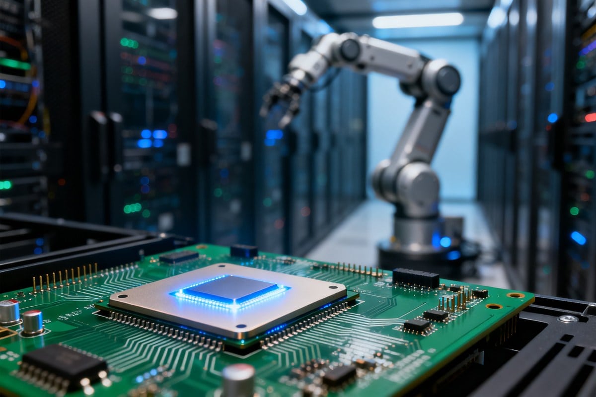 Puce d'intelligence artificielle lumineuse sur une carte électronique, avec un bras robotisé industriel flou en arrière-plan.