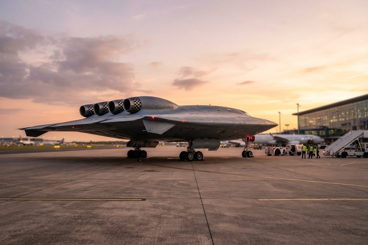 Avion à aile intégrée stationné sur un tarmac d'aéroport au crépuscule, moteurs montés sur le dos