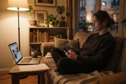 Une femme assise sur un canapé tient son téléphone, les yeux baissés, dans un salon éclairé par une lampe