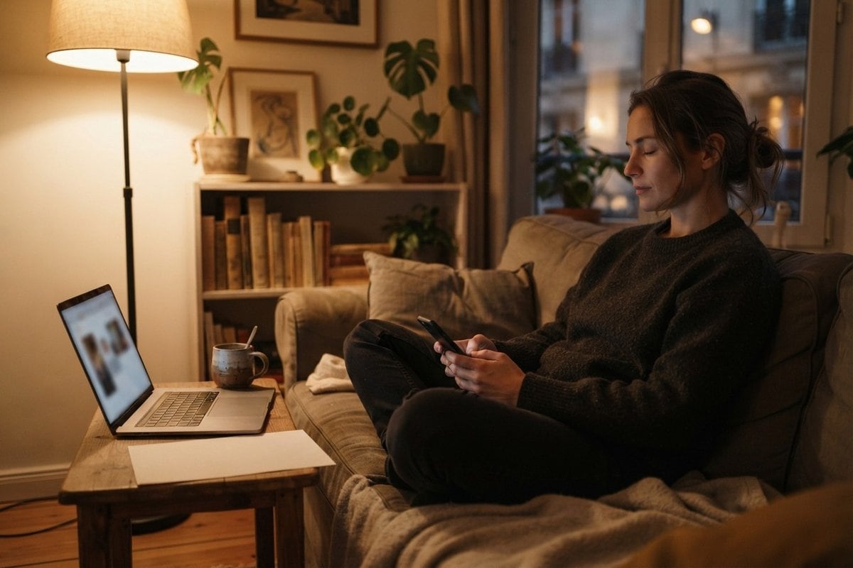 Une femme assise sur un canapé tient son téléphone, les yeux baissés, dans un salon éclairé par une lampe