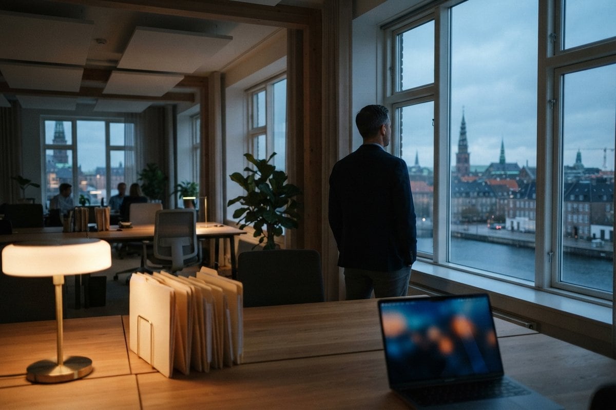 Homme de dos devant la fenêtre d'un bureau nordique au crépuscule, dossiers papier et ordinateur portable au premier plan