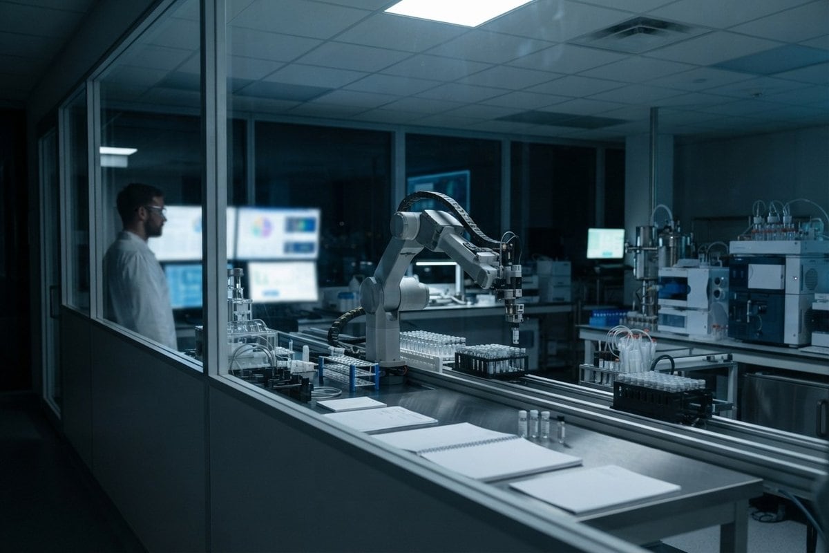 Bras robotisé manipulant des flacons d'échantillons dans un laboratoire automatisé, sous l'œil d'un chercheur