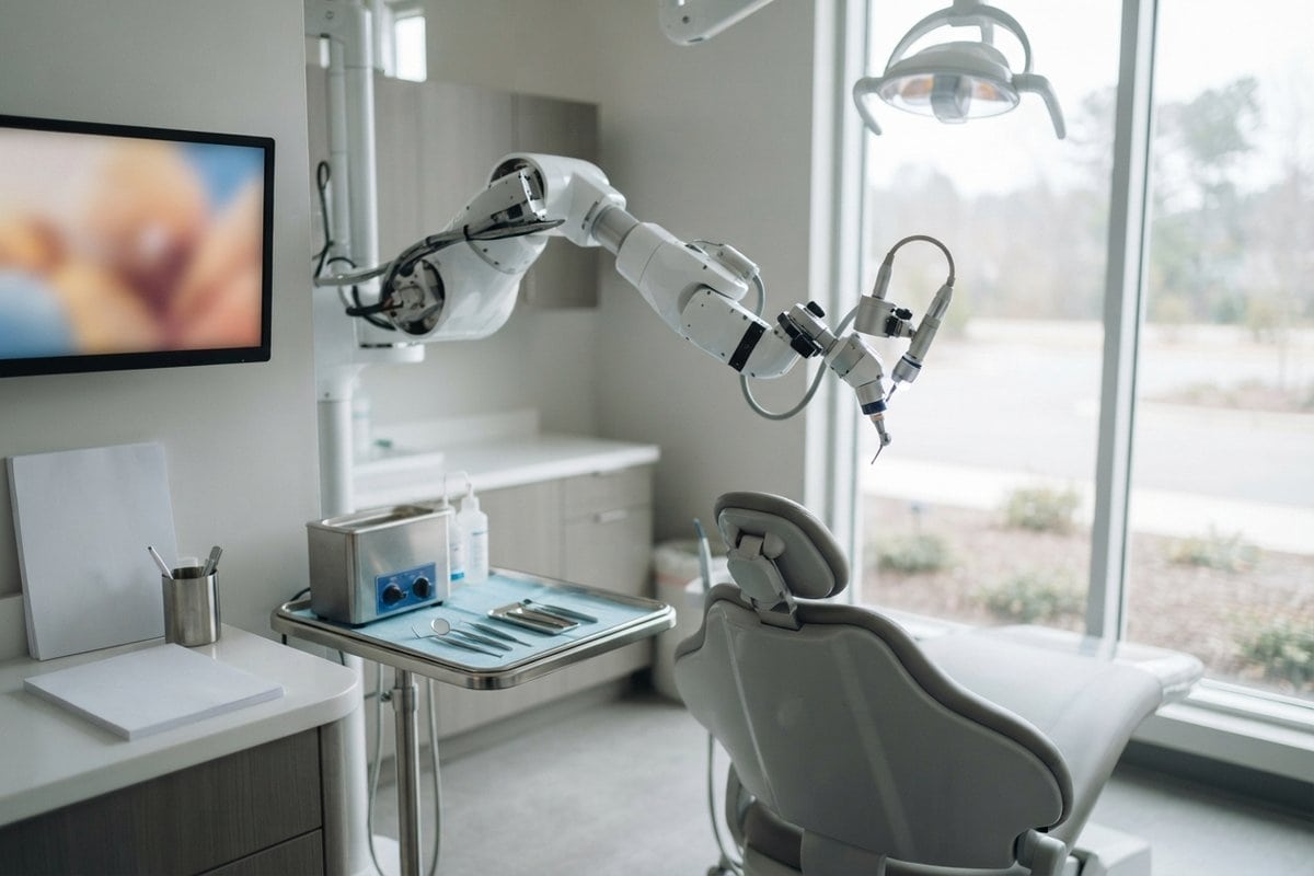 Bras robotisé blanc articulé au-dessus d'un fauteuil dentaire vide, dans un cabinet clair avec plateau d'instruments