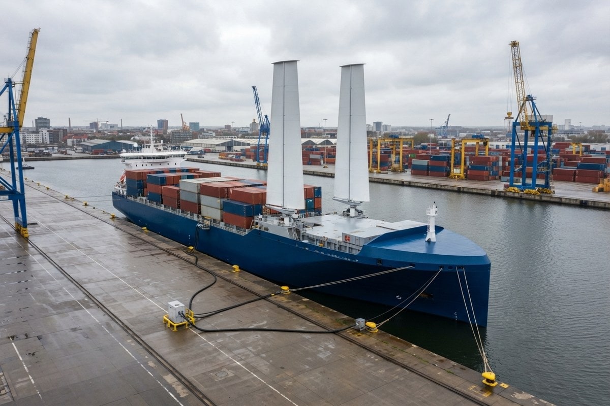 Un porte-conteneurs à coque bleue équipé de deux voiles rigides, relié au quai par des câbles d'alimentation électrique.