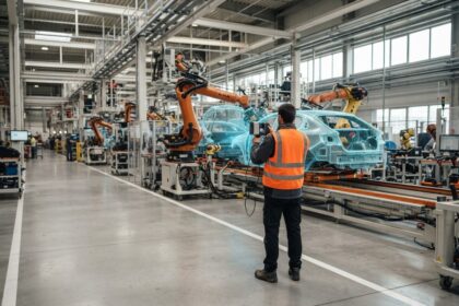 Technicien en gilet orange scannant une carrosserie automobile en jumeau numérique bleu dans une usine robotisée