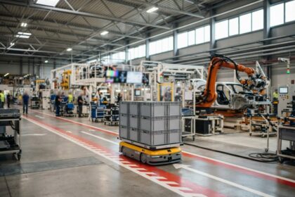 Chariot autonome jaune transportant des bacs gris empilés dans un atelier d'assemblage automobile