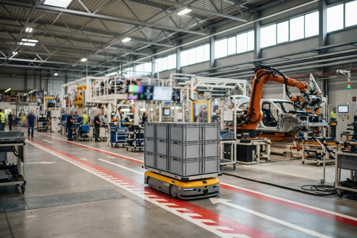 Chariot autonome jaune transportant des bacs gris empilés dans un atelier d'assemblage automobile