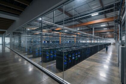 Vaste salle de data center vue à travers une paroi vitrée, avec des rangées de baies de serveurs aux voyants bleus et verts