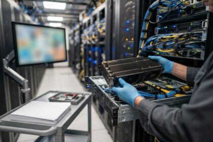 Technicien ganté insérant une carte accélératrice graphique dans un serveur ouvert, au milieu d'une allée de datacenter