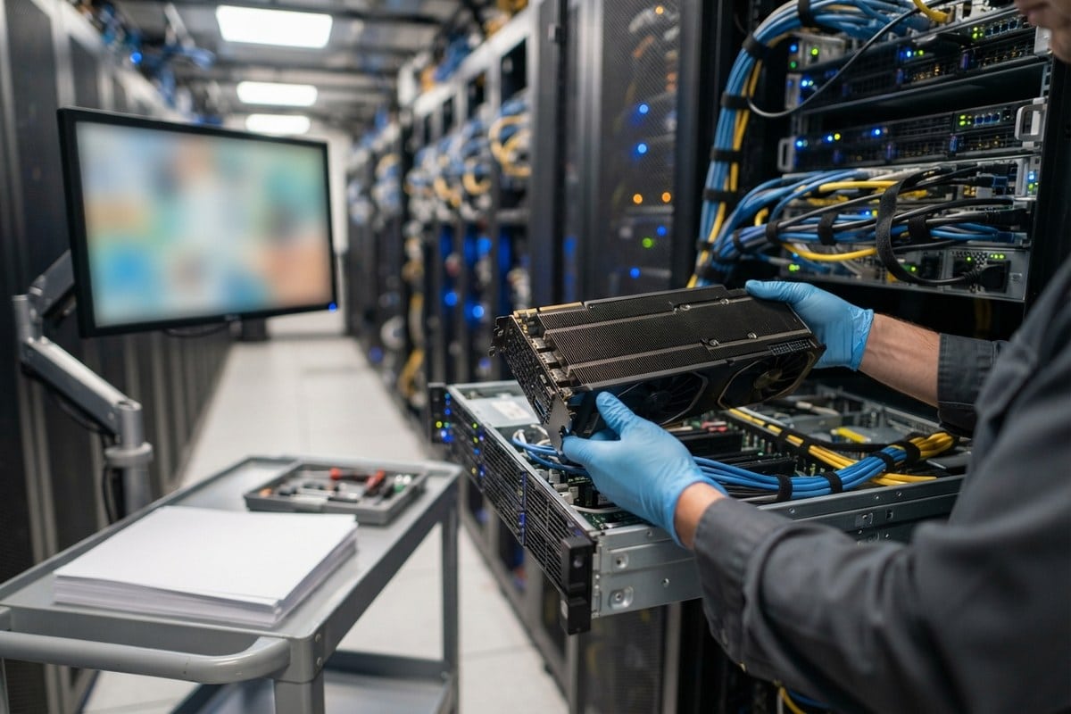 Technicien ganté insérant une carte accélératrice graphique dans un serveur ouvert, au milieu d'une allée de datacenter